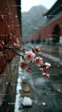 Enchanting Pink Blossoms with Snow in Urban Setting