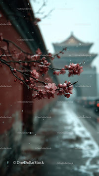 Cherry Blossoms and Snow in Traditional Chinese Setting