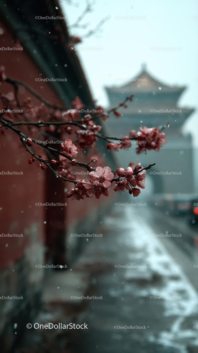 Cherry Blossoms and Snow in Traditional Chinese Setting