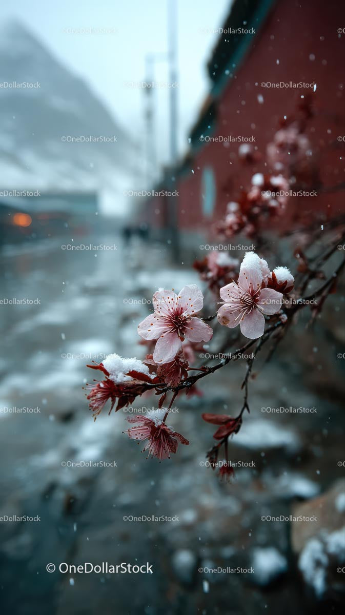 Cherry Blossoms Blanketed in Winter Snow