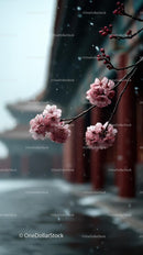 Cherry Blossoms with Snowflakes in Serene Winter Setting