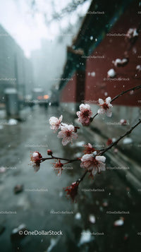 Cherry Blossoms Along a Tranquil Riverside Path in Spring