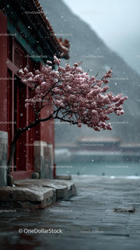 Cherry Blossoms Along a Tranquil Riverside Path in Spring