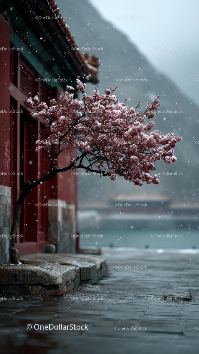 Cherry Blossoms Along a Tranquil Riverside Path in Spring