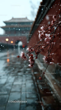 Cherry Blossoms Adorn a Snowy Traditional Pathway