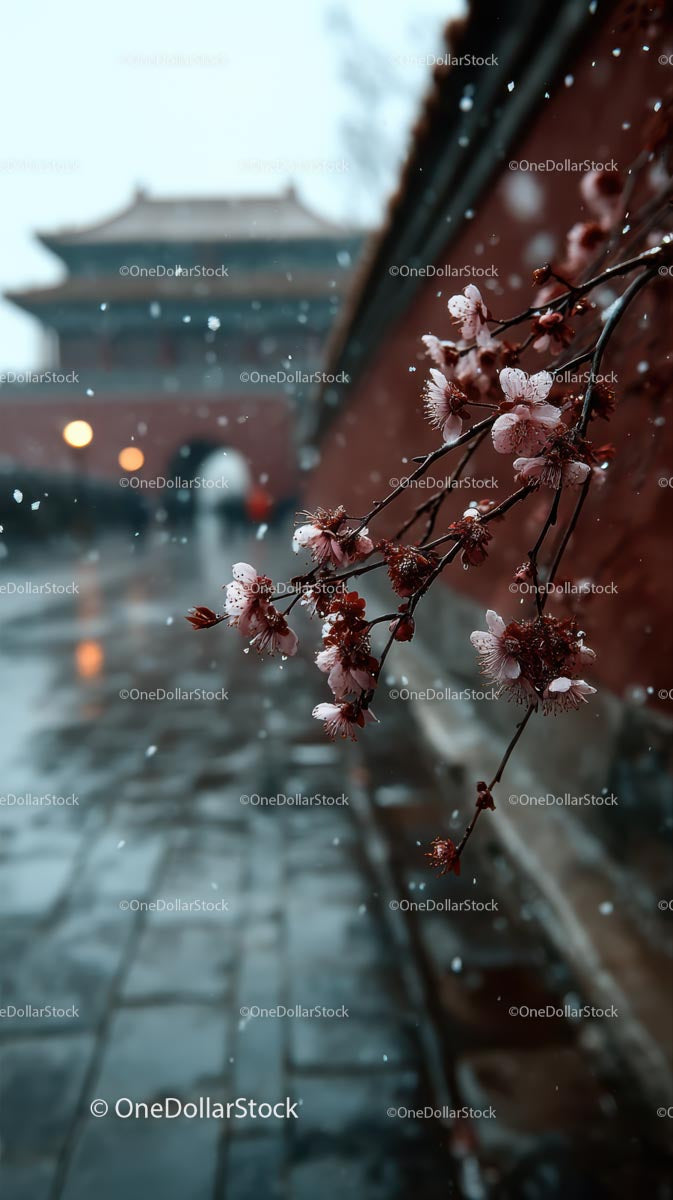 Cherry Blossoms Adorn a Snowy Traditional Pathway