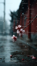 Cherry Blossoms Along a Tranquil Riverside Path in Spring