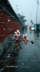 Cherry Blossoms Along a Tranquil Riverside Path in Spring