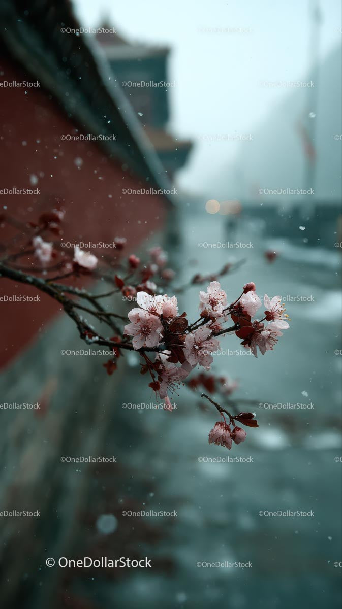 Cherry Blossoms in Gentle Snowfall