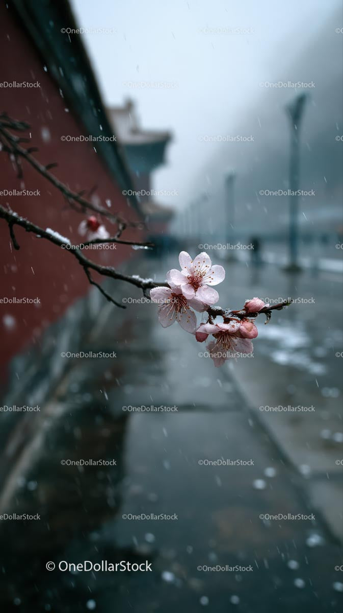 Cherry Blossoms Blooming Amidst Winter Snowfall
