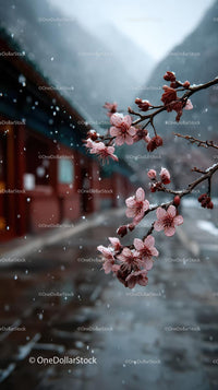 Cherry Blossoms with Snowflakes in a Tranquil Japanese Garden