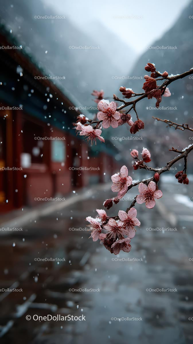 Cherry Blossoms with Snowflakes in a Tranquil Japanese Garden