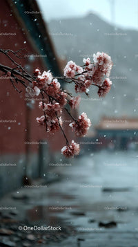 Cherry Blossoms in a Serene Winter Setting