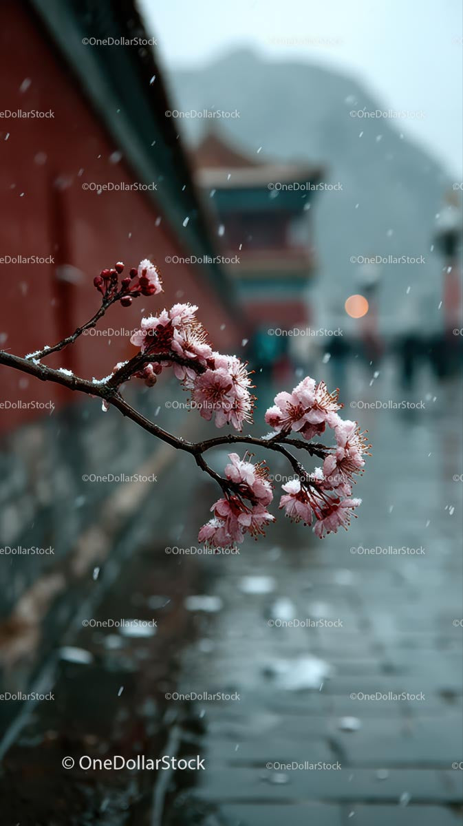 Cherry Blossoms in Winter Snowy Setting