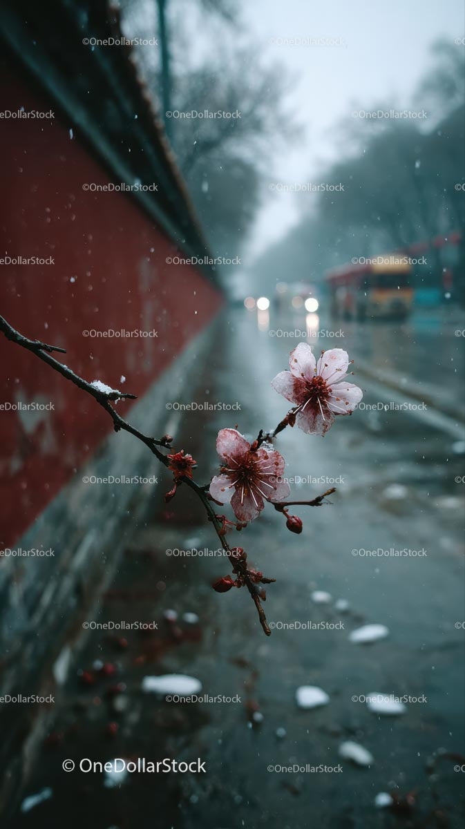 Cherry Blossoms in Urban Winter Wonderland