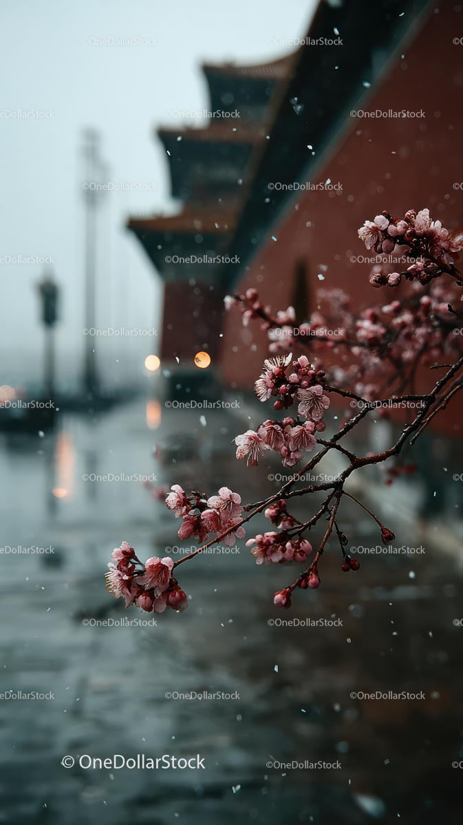 Cherry Blossoms in Snow with Traditional Architecture