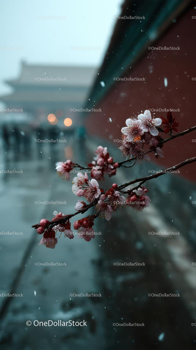 Cherry Blossoms with Snowflakes in Urban Winter Setting