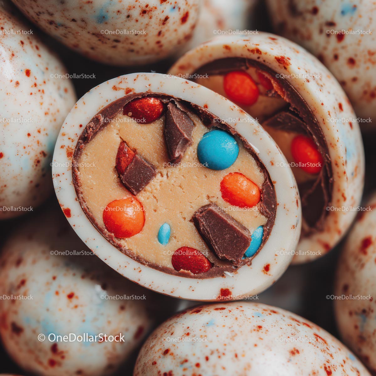 Close-up of Gourmet Chocolate Egg with Colorful Candy Filling