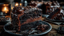Decadent Dark Chocolate Layer Cake Slice on Plate