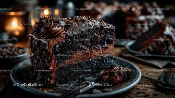 Decadent Dark Chocolate Layer Cake Slice on Plate Stock Photo Bundle (28 JPG Files)