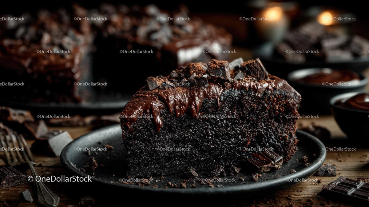 Decadent Slice of Rich Chocolate Cake with Chunks