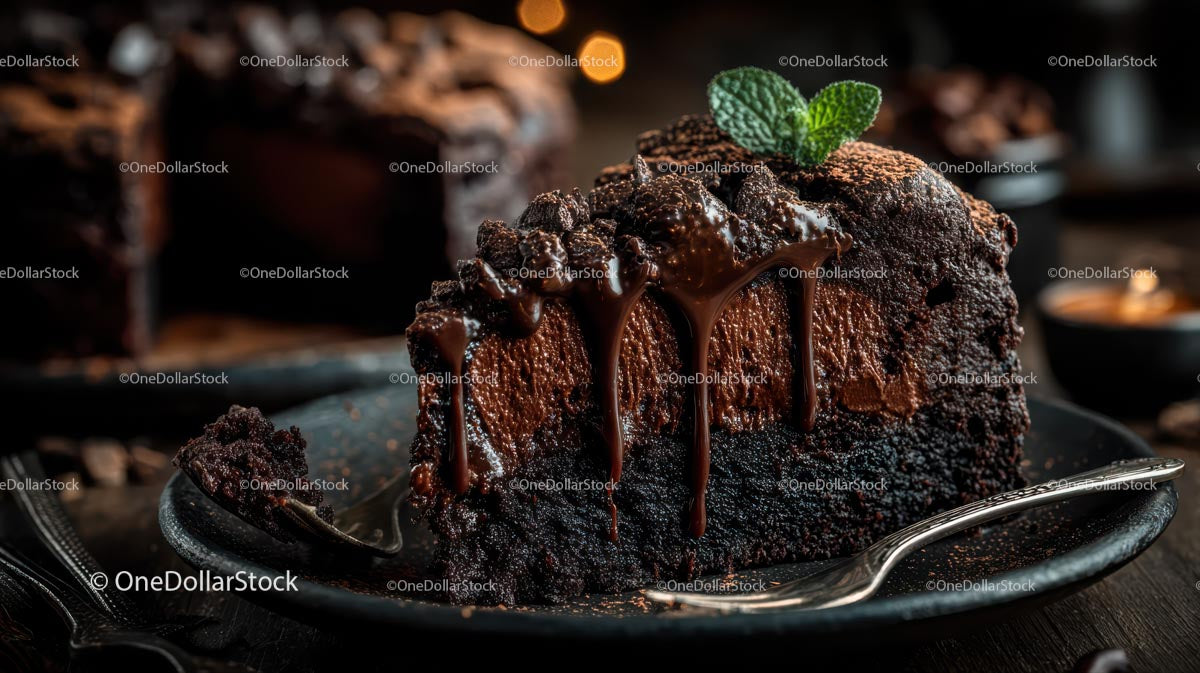 Decadent Chocolate Cake Slice with Mint Garnish