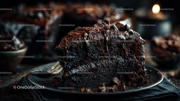 Decadent Slice of Rich Chocolate Cake on Plate