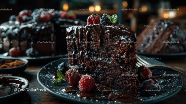 Decadent Chocolate Cake Slice with Berries