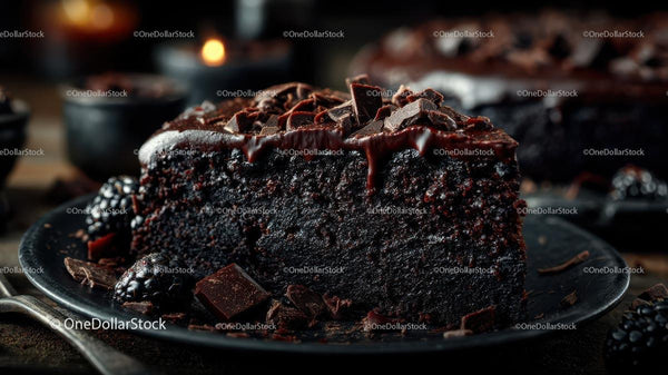 Decadent Dark Chocolate Cake Slice with Blackberries