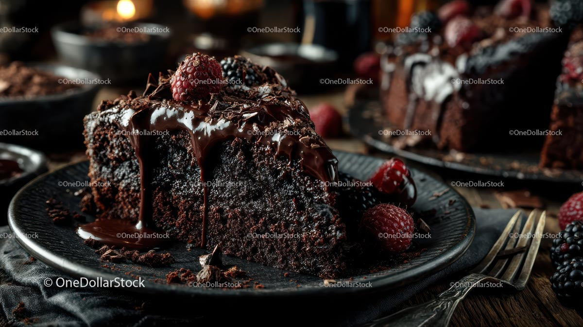 Decadent Dark Chocolate Layer Cake Slice on Plate