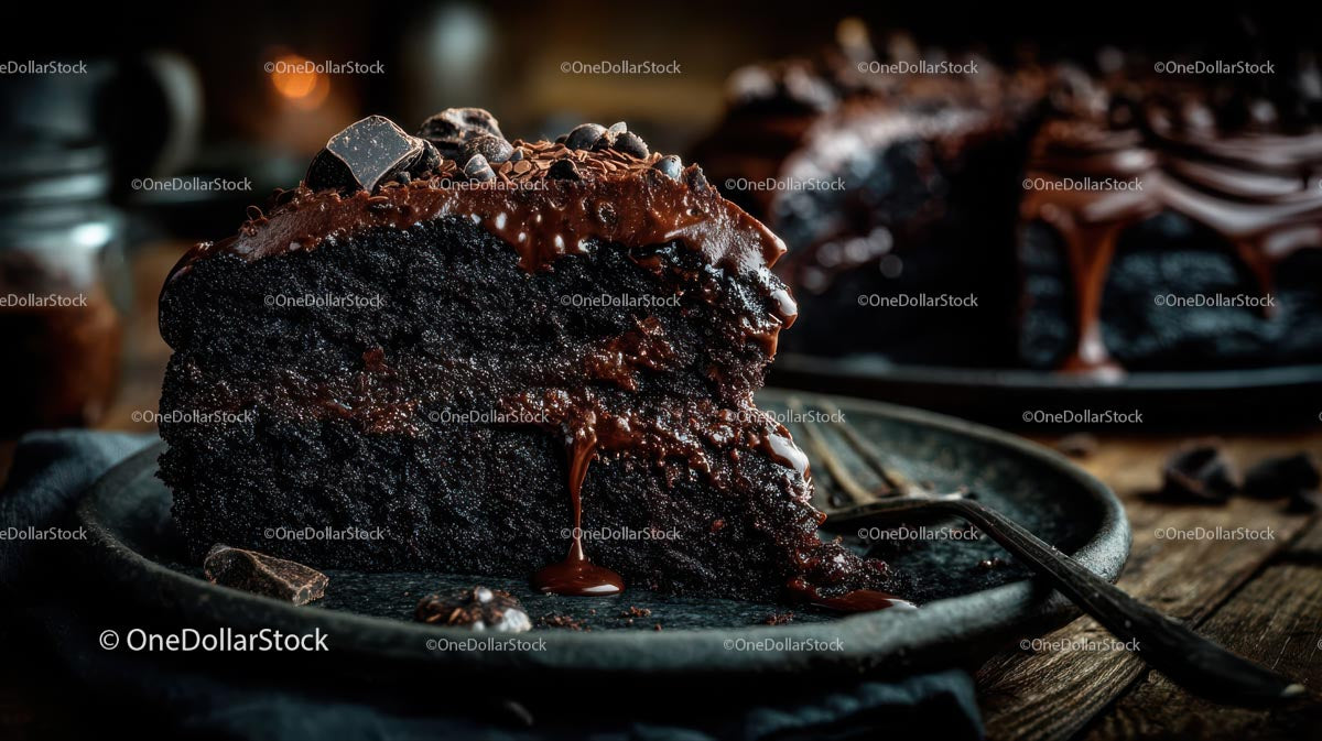Decadent Dark Chocolate Layer Cake Slice on Plate