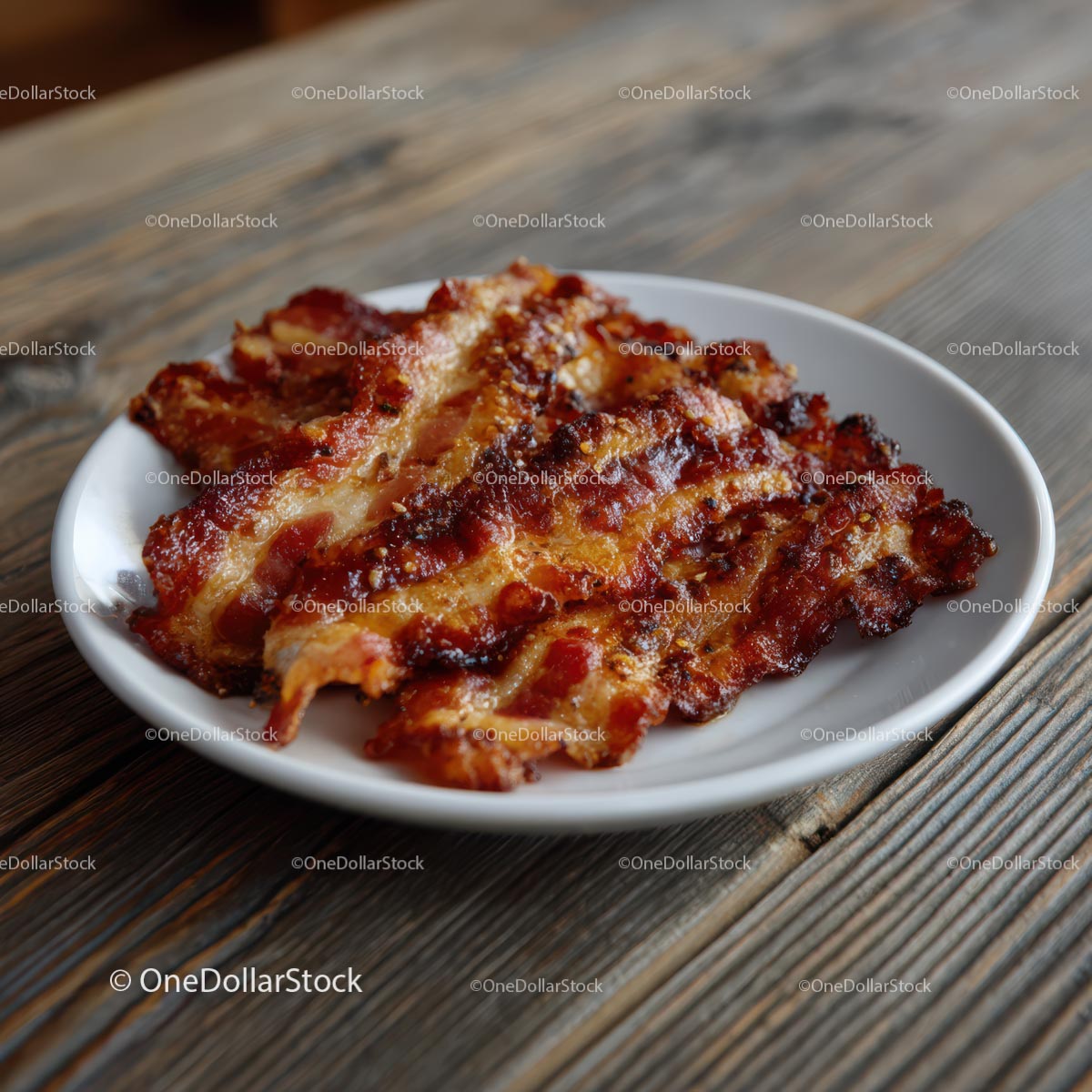 Crispy Bacon on a White Plate on Rustic Wooden Table (16 Images)