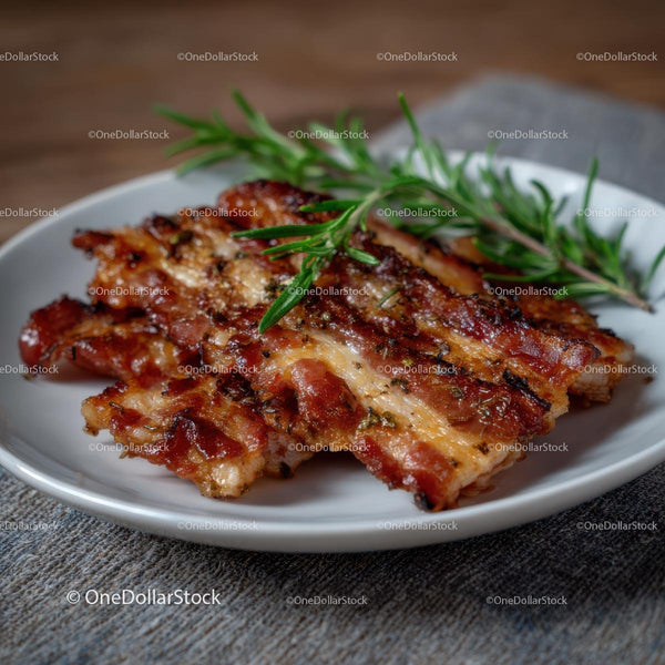 Grilled Bacon Strips with Fresh Rosemary on Plate