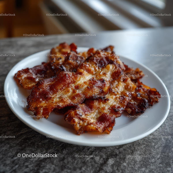 Crispy Bacon Strips on White Plate for Breakfast