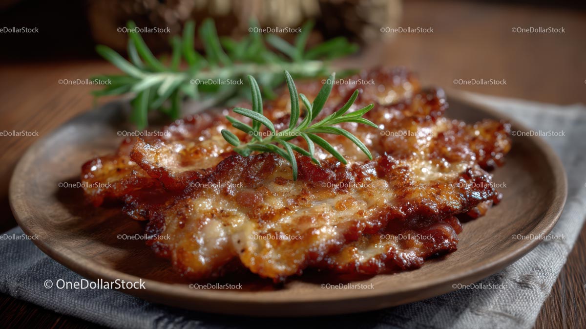 Crispy Bacon with Rosemary on a Wooden Plate (16 Images)