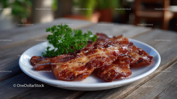 Crispy Bacon with Fresh Parsley on White Plate