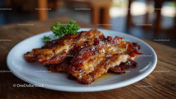 Crispy Bacon on White Plate with Parsley Garnish