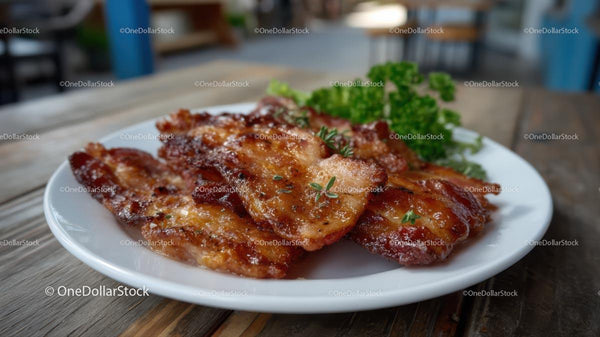 Savory Bacon Strips Neatly Laid Out on a White Dish