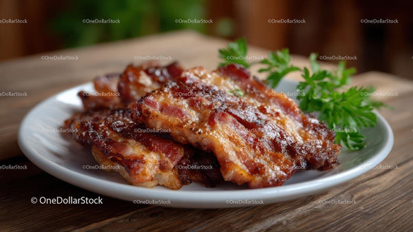Crispy Bacon on a White Plate with Parsley Garnish