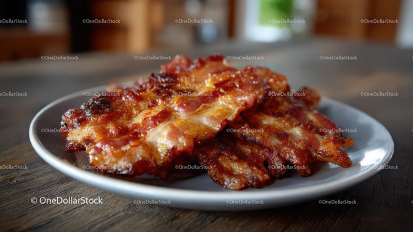 Crispy Bacon on a White Plate in Rustic Setting