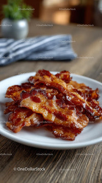 Crispy Bacon Strips on White Plate for Breakfast