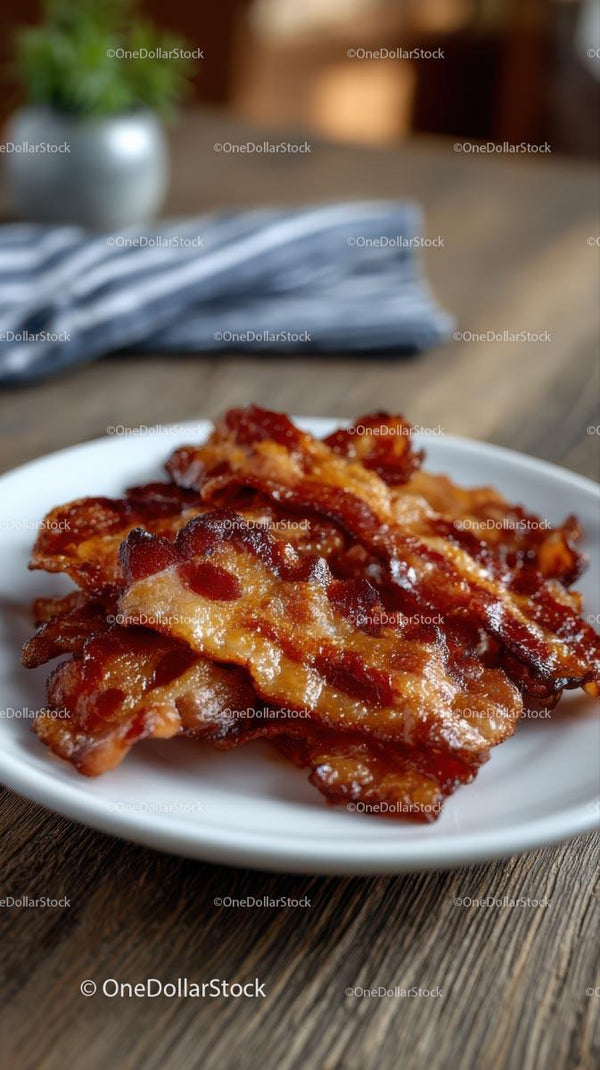 Crispy Bacon Strips on White Plate for Breakfast