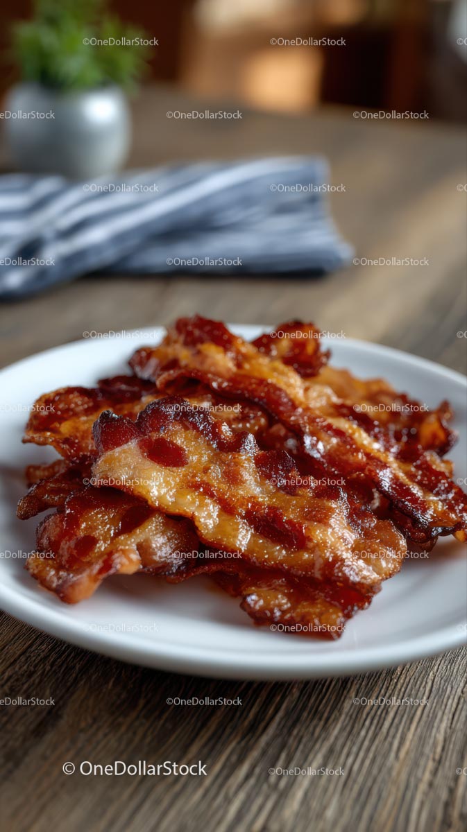 Crispy Bacon Strips on White Plate for Breakfast