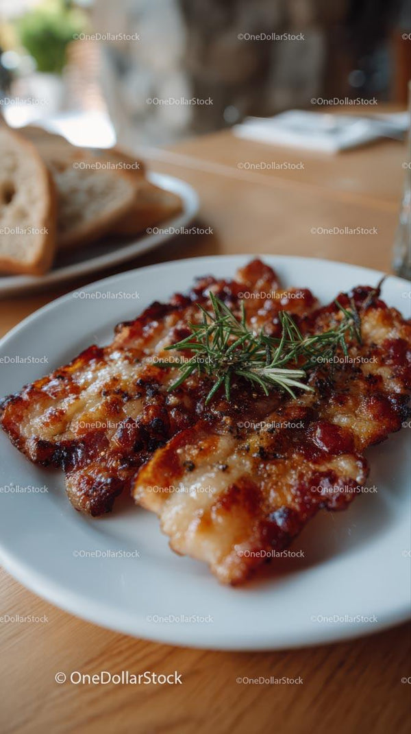 Grilled Meat with Rosemary Garnish on White Plate