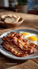Crispy Bacon and Fried Eggs on Rustic Wooden Table