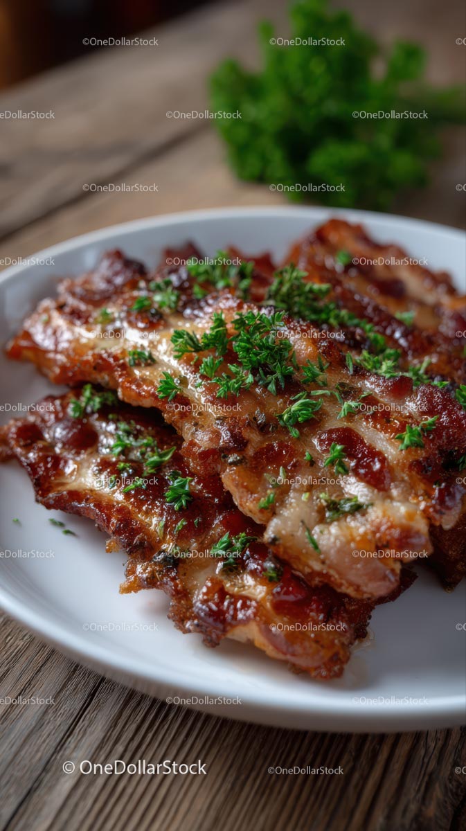 Crispy Bacon Strips with Fresh Parsley Garnish