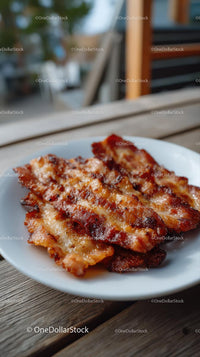 Crispy Bacon on White Plate in Rustic Setting
