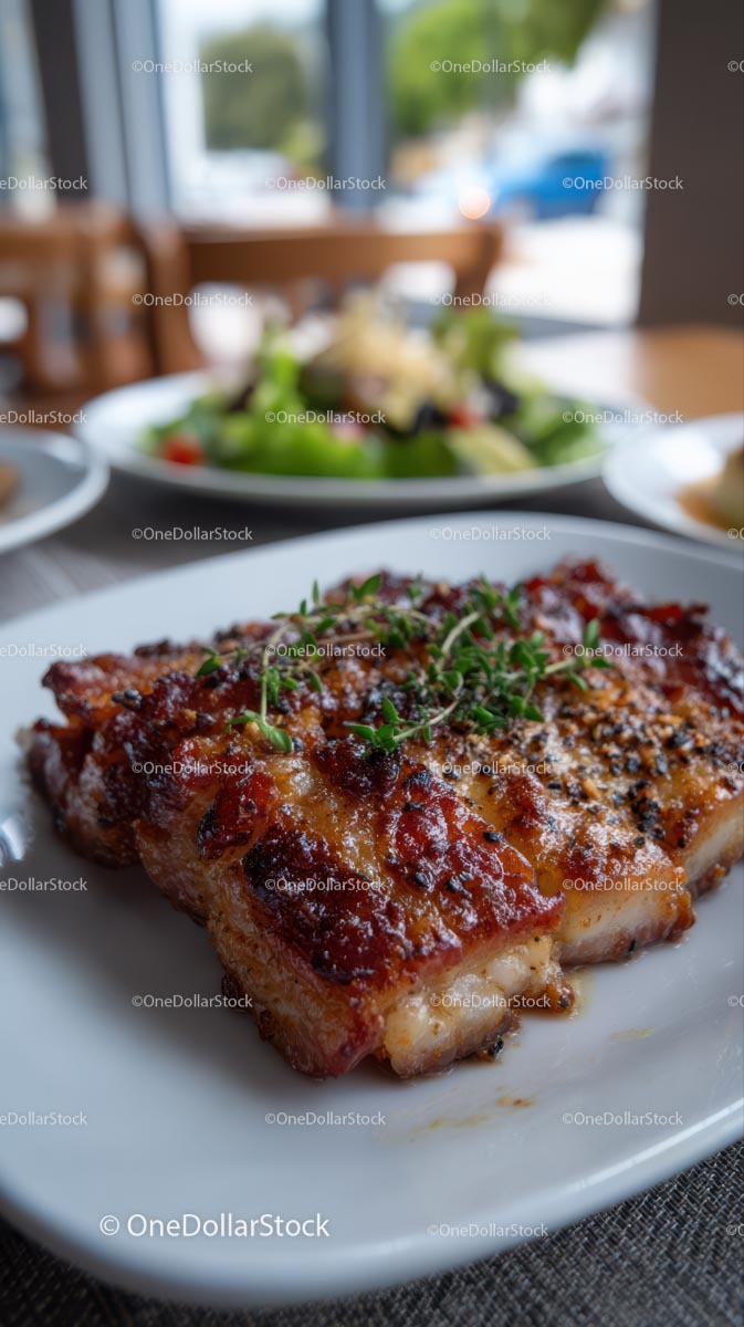 Grilled Pork with Fresh Herbs on White Plate