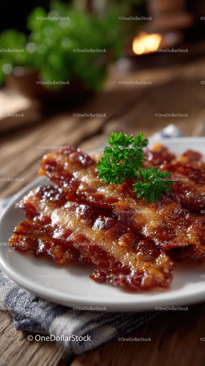 Crispy Bacon Strips with Fresh Parsley on White Plate