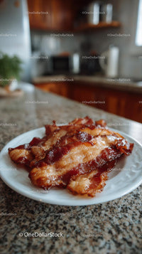 Crispy Bacon on a White Plate in a Cozy Kitchen